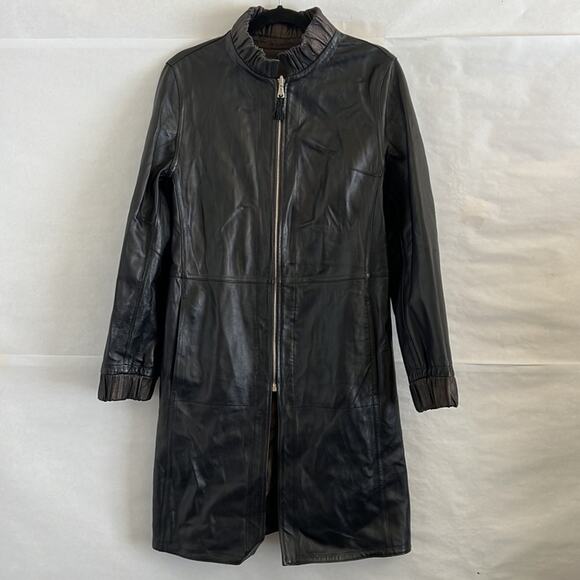 Avirpelle Italy Leather Coat 42 M Brown Black Reversible Zip Trench Jacket 90s - Picture 1 of 14